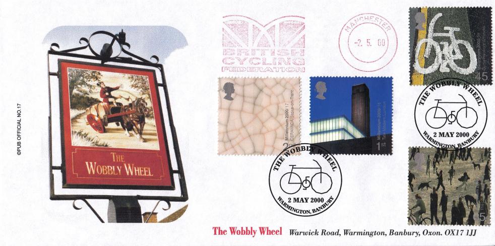 2000 (05) Art & Craft - Brazier 'The Wobbly Wheel' Pub Official + BCF, British Cycling Federation Meter Mark