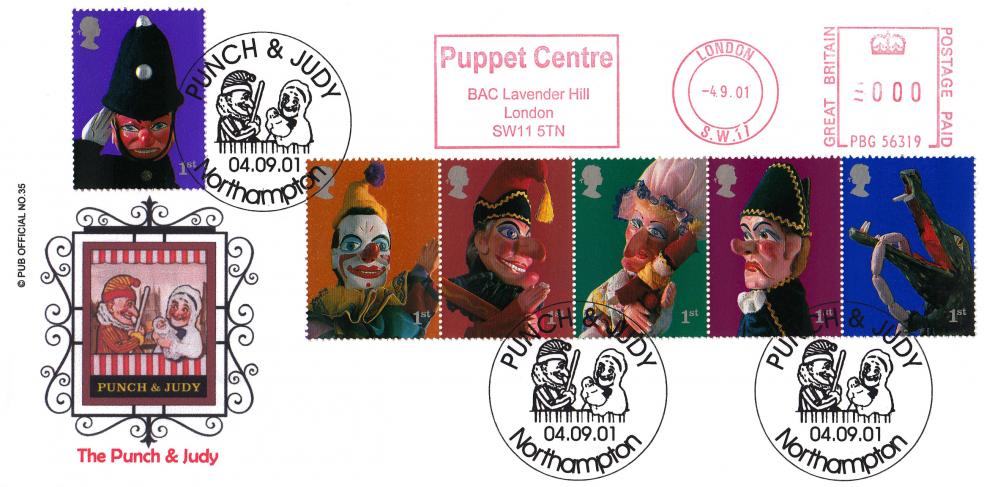 2001 (09) Puppets (Stamps) - Brazier 'Pub' Official + Puppet Centre Meter Mark