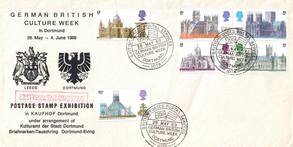 1969 (05) Cathedrals - Forces German British Culture Week Official (WITH the Erstverwendungstag Cachet)