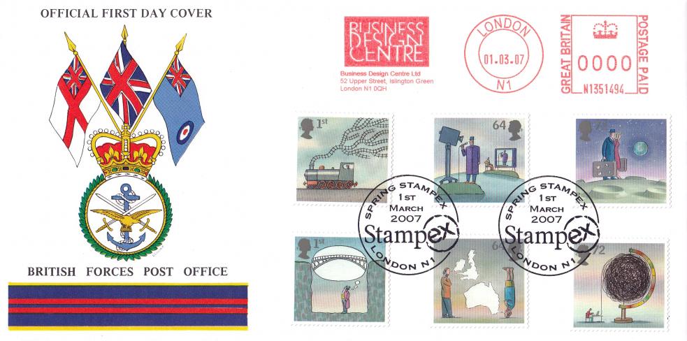 2007 (03) World of Invention (Stamps) - British Forces Post Office Cover - Spring Stampex H/S + Business Design Centre Meter Mark