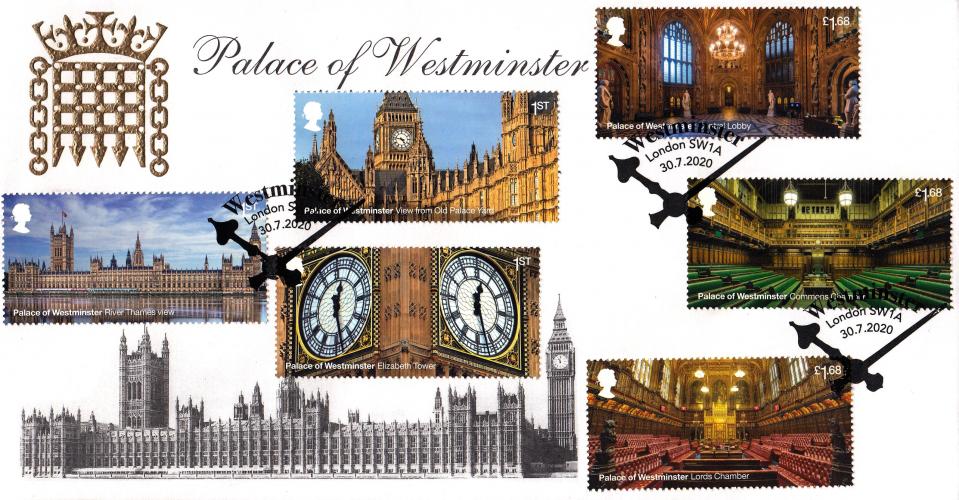 2020 (07) Palace of Westminster (Stamps) - Palace of Westminster cover - Big Ben 'Hands' H/S