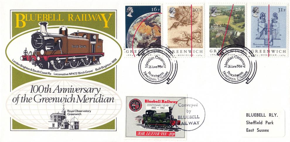 1984 (06) Greenwich - Bluebell Railway 'Special' - Peacehaven H/S + Railway Letter Stamp