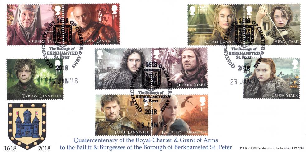 2018 (01) Game of Thrones (Stamps) - Barham Quatercentenary of Royal Charter & Grant of Arms, Berkhamsted Official