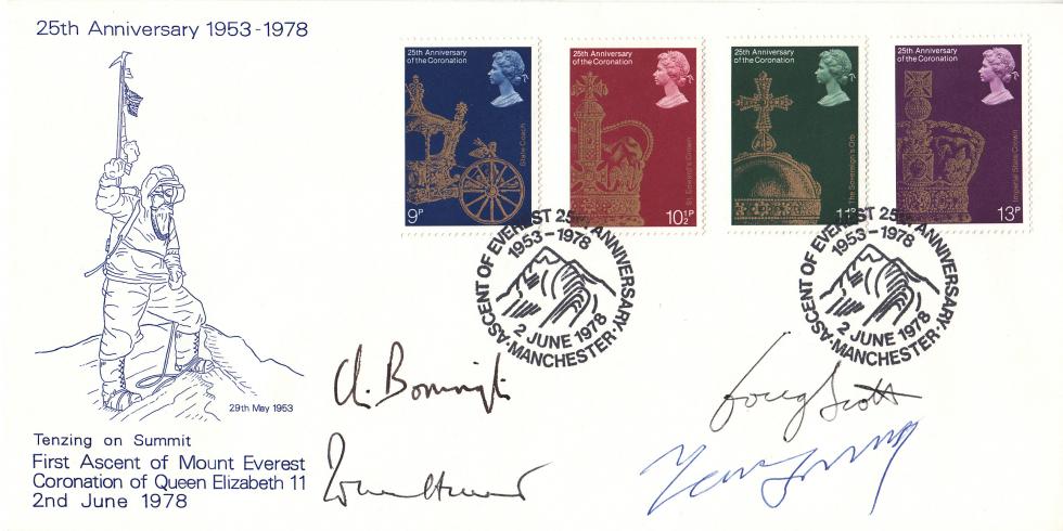 1978 (06) Everest 25th Anniversary Cover - Multi Signed by Sherpa Tenzing Norgay, Lord John Hunt, Chris Bonnington & Doug Scott