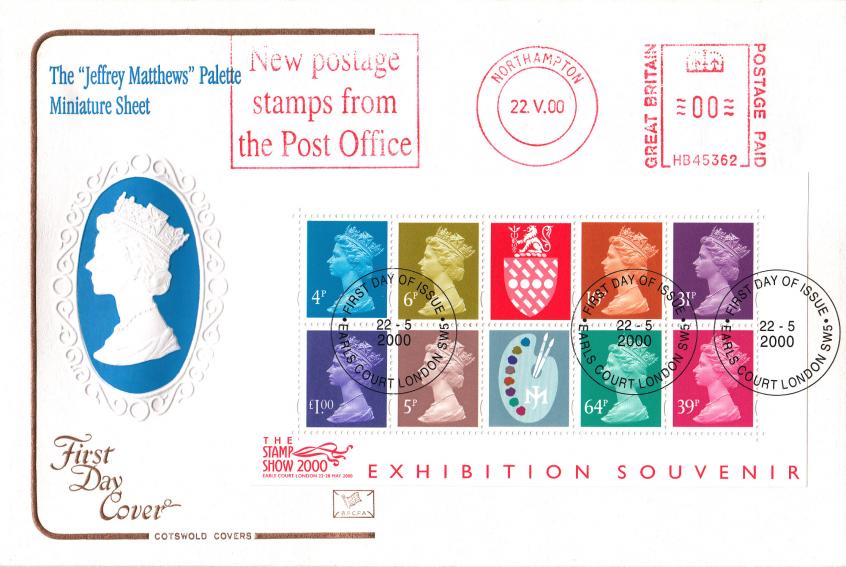 2000 (05) Stamp Show 2000 'Artists Pallette' - Cotswold - Earls Court FDI + New Postage Stamp Meter Mark