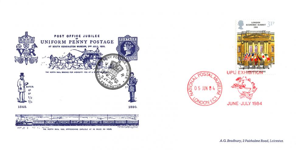 1984 (06) Summit - Bradbury 'Penny Postage Reprint' Cover - NPM UPU Exhibition H/S