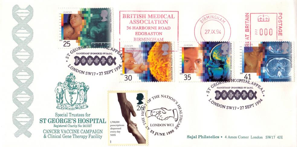 1994 (09) Medical - Sajal Philatelics Official + British Medical Association Meter Mark - Doubled with 1996 NHS Stamp & H/S