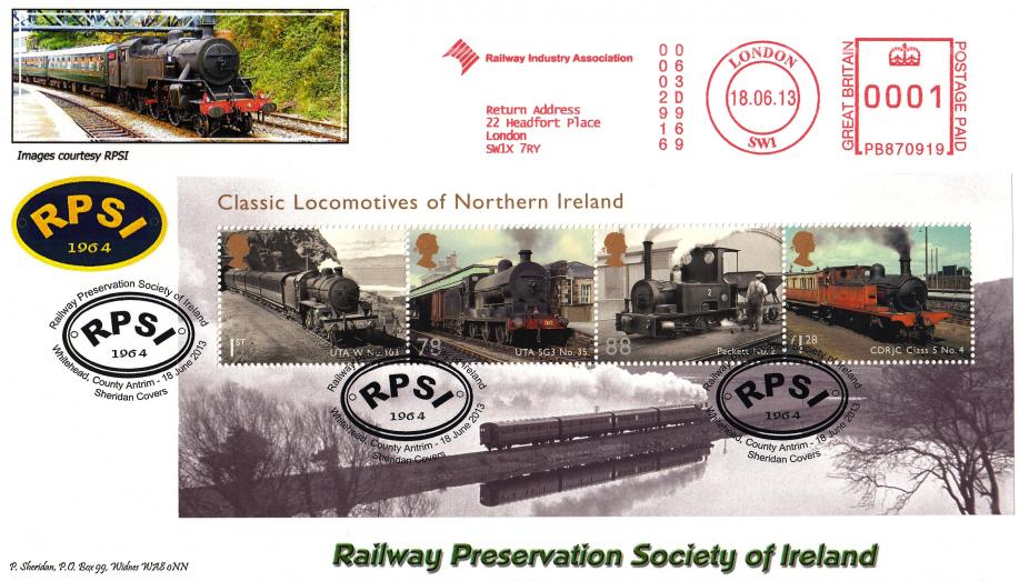 2013 (06) Locomotives of Northern Ireland M/S - Sheridan 'RPSI' Official + Railway Industry Association Meter Mark