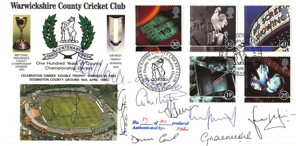 1996 (04) Films - Stamp Publicity 'Warwickshire County Cricket Club' Official - Multi Signed by All 11 England Test Players