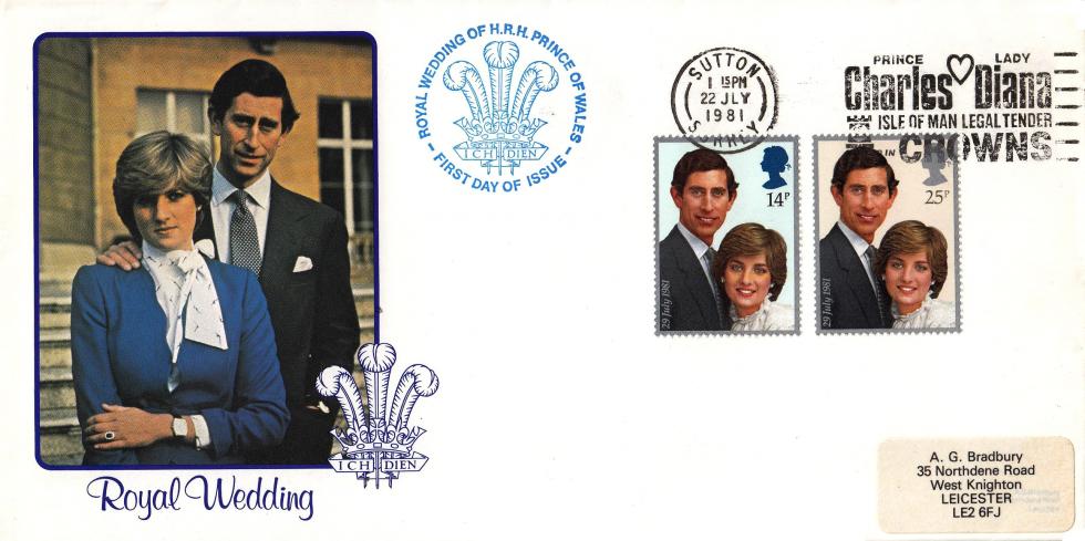 1981 (07) Wedding - Bradbury LFDC Official - Charles & Diana Isle of Man Crowns Slogan