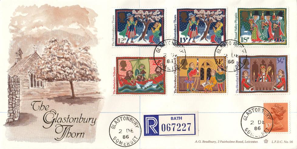 1986 (12) Christmas 12p - Bradbury LFDC 56 - Glastonbury CDS