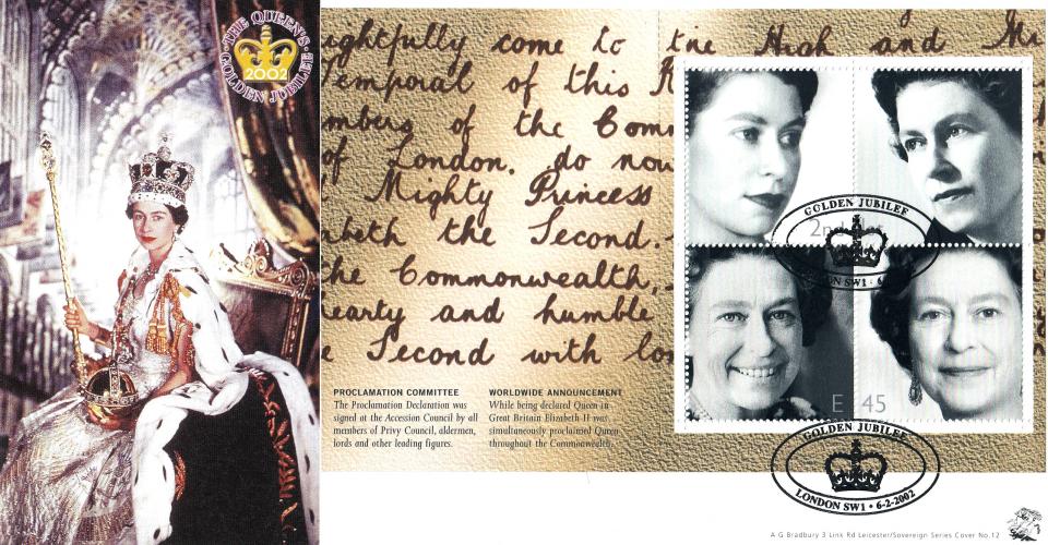 2002 (02) Golden Jubilee (Prestige Book) - Bradbury Sovereign Set of Four Covers - Four Panes - Four Different Handstamps