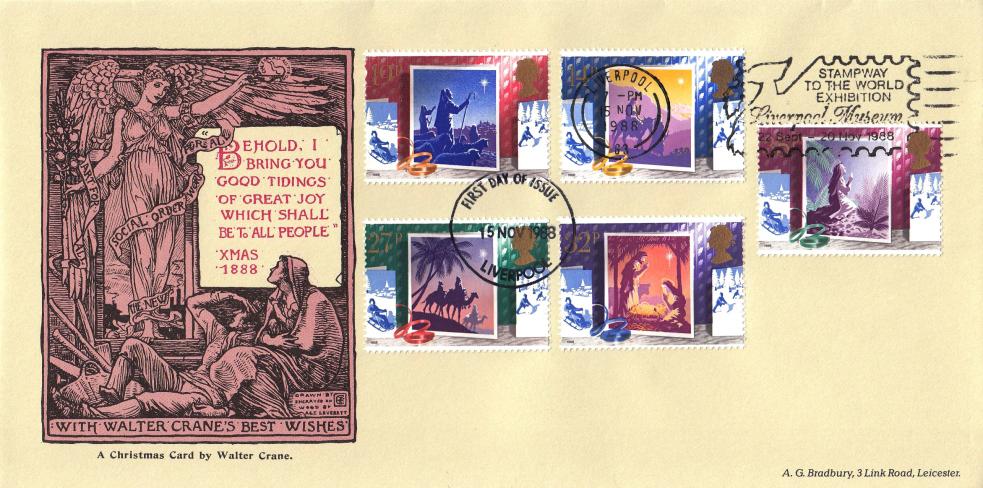 1988 (11) Christmas - Bradbury Walter Crane Christmas Card Cover - Stampway To The World Slogan
