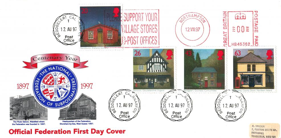 1997 (08) Sub Post Offices - Federation of Sub Postmasters Official - Beddgelert CDS + Support Your Local Village Stores Meter Mark