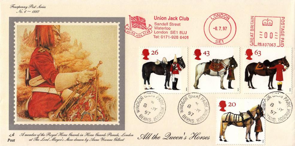 1997 (07) Queen's Horses - 4d Post - Windsor Great Park CDS + Union Jack Club Meter Mark