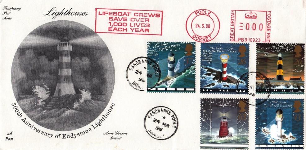 1998 (03) Lighthouses - 4d Post - Sandbanks CDS + Lifeboat Crews Save Over 1,000 Lives Meter Mark