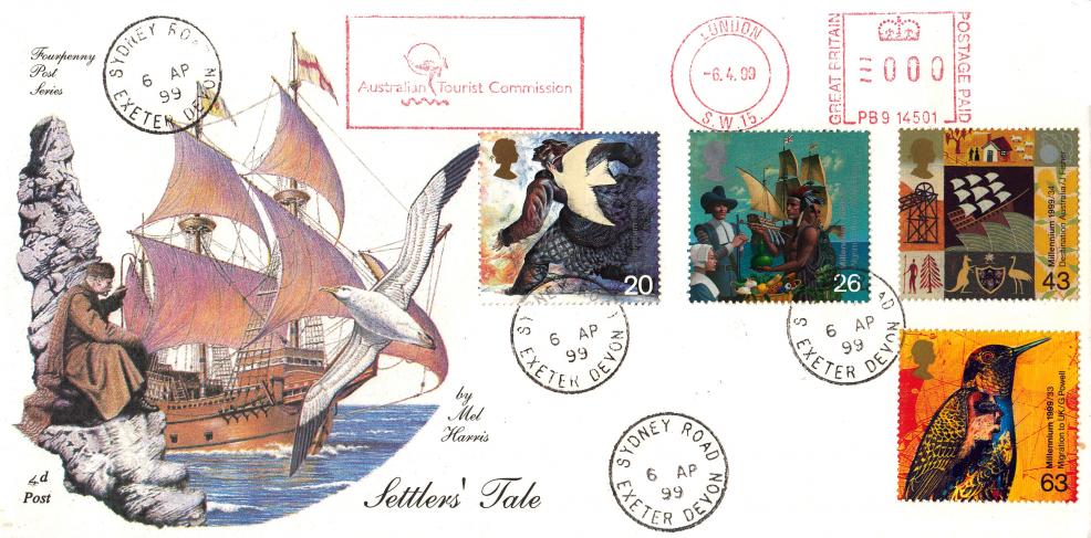 1999 (04) Settlers - 4d Post - Sydney Road CDS + Australian Tourist Commission Meter Mark