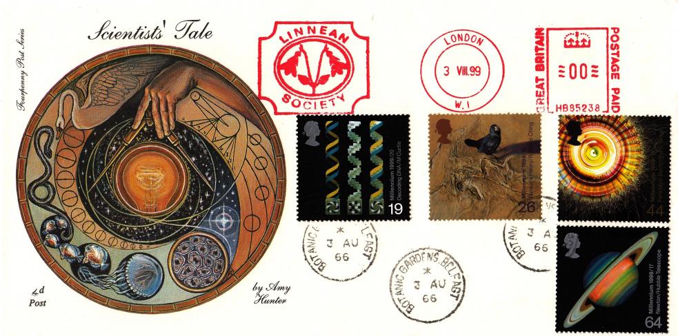 1999 (08) Scientists - 4d Post - Botanic Gardens, Belfast CDS + Linnean Society Meter Mark - DATE SLUG ERROR !!!