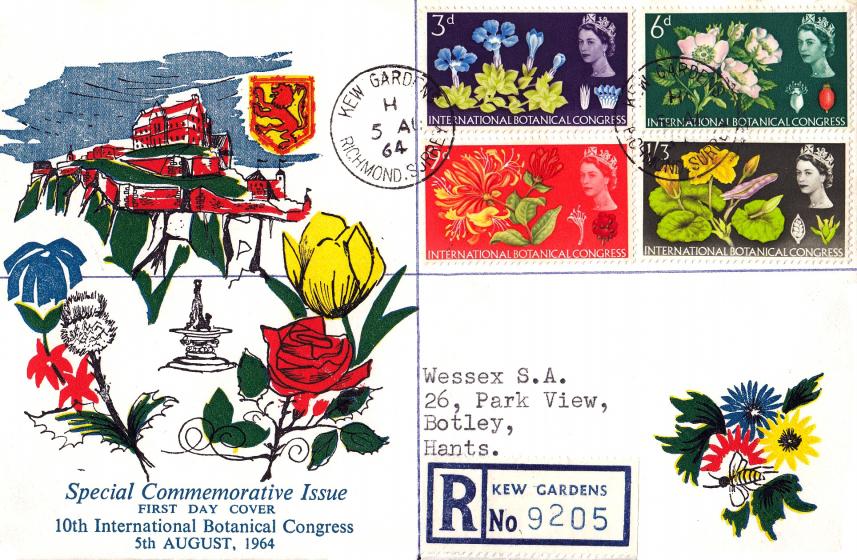 1964 (08) International Botanical Congress - Edinburgh Castle & Flowers Cover - Phosphor - Kew Gardens CDS