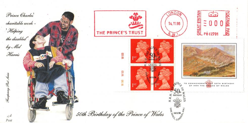 1998 (11) Prince of Wales Label - (Cyl No Version) - 4d Post - Prince of Wales, The Mall H/S + The Princes Trust Meter Mark