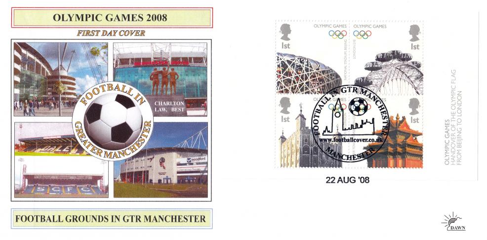 2008 (08) Olympic Handover M/S - Dawn 'Football In Gtr Manchester' Official