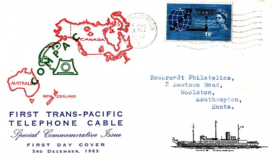 1963 (12) Cable - Australia-Canada-NZ cover - Phosphor - Southampton 'T' Wavy Line Slogan