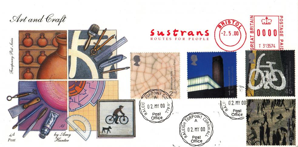 2000 (05) Art & Craft - 4d Post - Raleigh CDS + Sustrans Routes Meter Mark