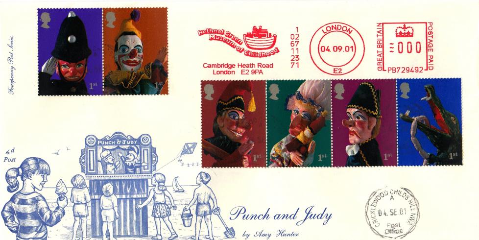 2001 (09) Puppets (Stamps) - 4d Post - Childs Hill CDS + Bethnal Green Museum of Childhood Meter Mark