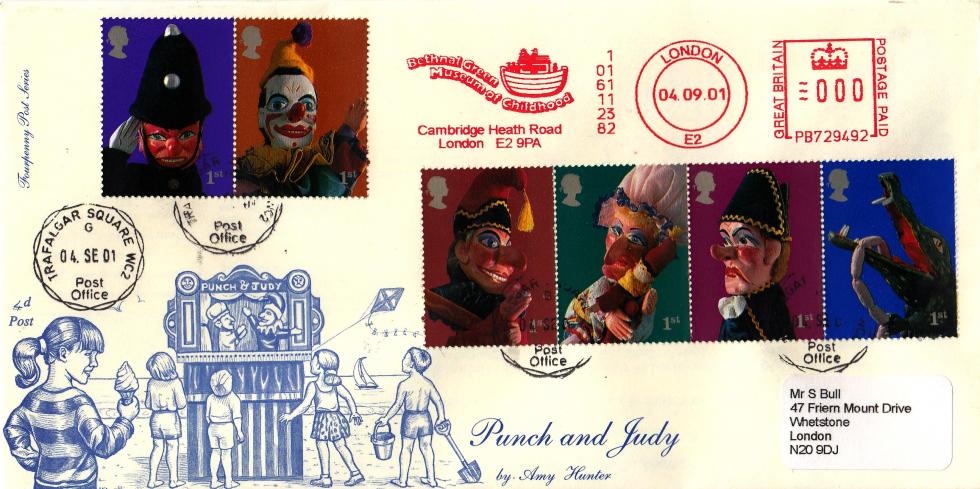 2001 (09) Puppets (Stamps) - 4d Post - Trafalgar Square CDS + Bethnal Green Museum of Childhood Meter Mark