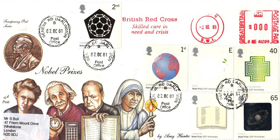 2001 (10) Nobel Prizes - 4d Post - Geneva Rd CDS + British Red Cross Meter Mark