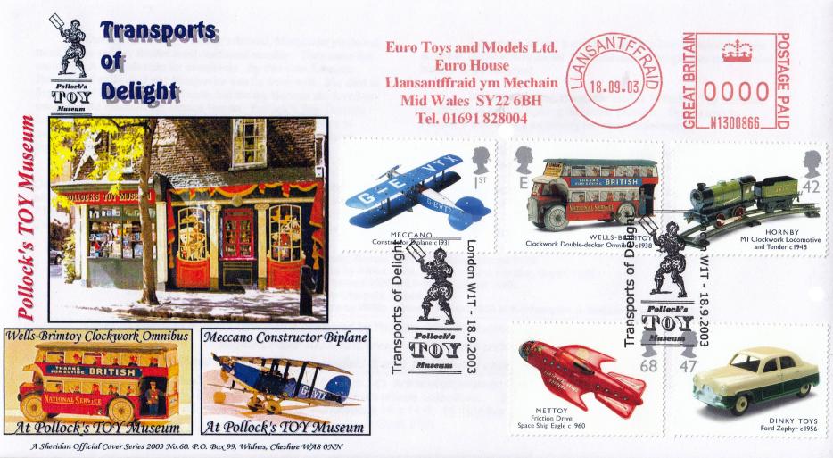 2003 (09) Transports of Delight (Stamps) - Sheridan 'Pollock's Toy Museum' Official + Euro Toys and Models Meter Mark