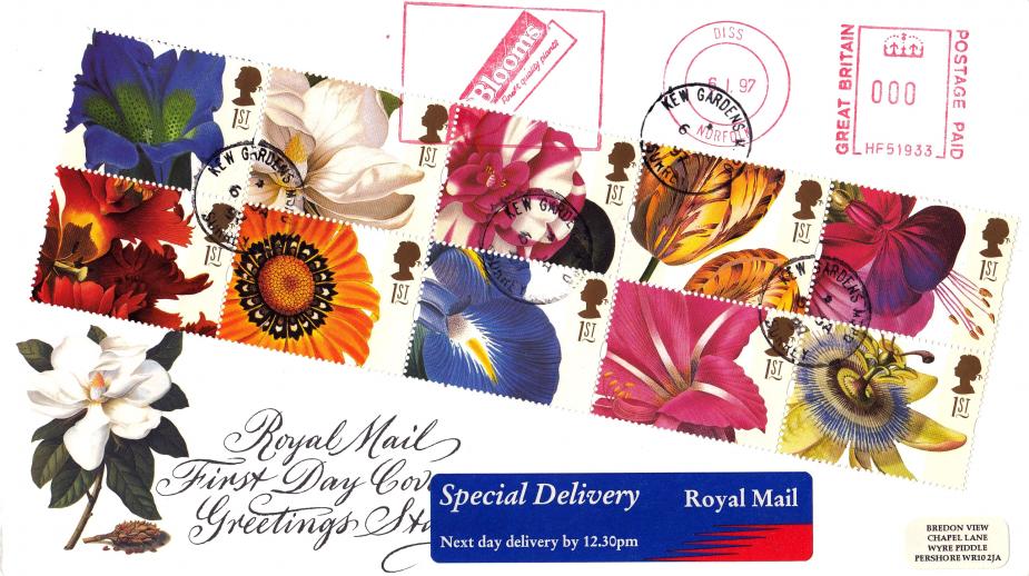 1997 (01) Greetings (Flowers) - RM - Kew Gardens CDS + Blooms Quality Plants Meter Mark