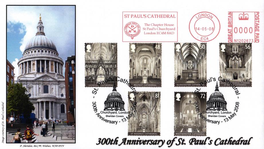 2008 (05) Cathedrals (Stamps) - Sheridan 'St Paul's Cathedral' Official + St Paul's Cathedral Meter Mark