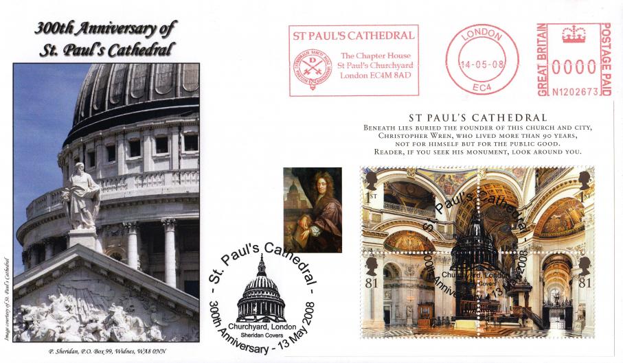 2008 (05) Cathedrals (M/S) - Sheridan 'St Paul's Cathedral' Official + St Paul's Cathedral Meter Mark