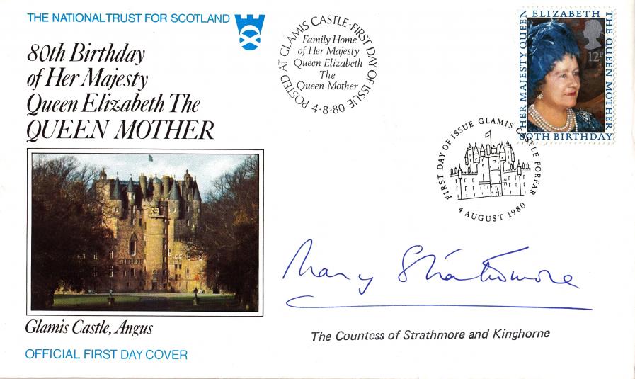 1980 (08) Queen Mother - Glamis Castle National Trust for Scotland Cover - Signed by The Countess of Starthmore & Kinghorne