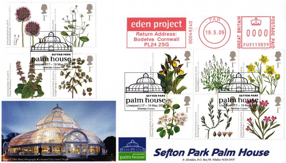 2009 (05) Plants & Kew Gardens (Stamps) - Sheridan 'Palm House, Liverpool' Official + Eden Project Meter Mark