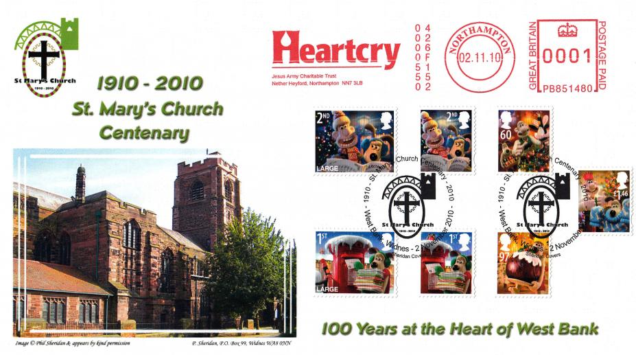 2010 (11) Christmas (Stamps) - Sheridan 'St Mary's Church, Widnes' Official + Heartcry Meter Mark