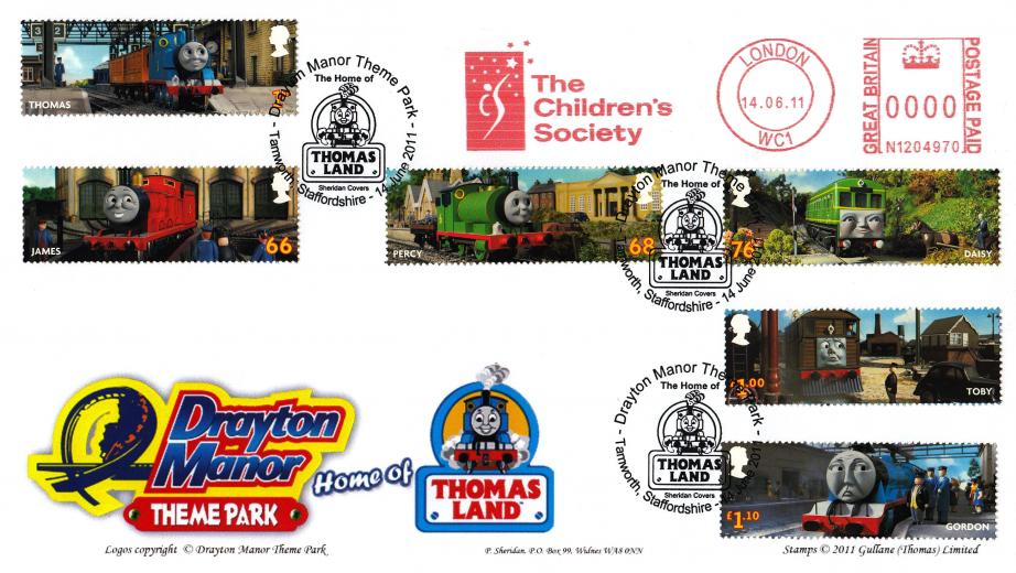 2011 (06) Thomas The Tank Engine (Stamps) - Sheridan 'Drayton Manor' Official + The Children's Society Meter Mark