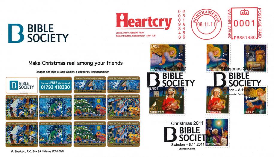 2011 (11) Christmas (Stamps) - Sheridan 'Bible Society' Official + Heartcry Meter Mark