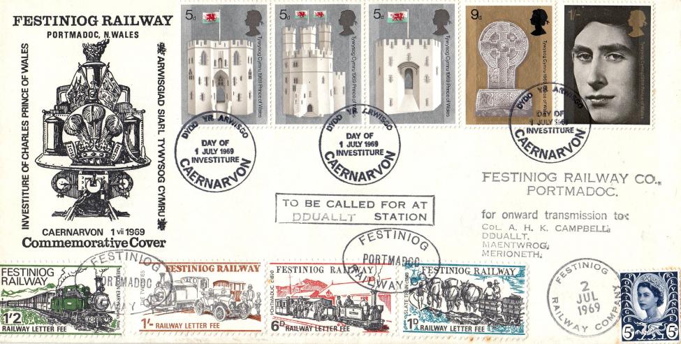 1969 (07) Investiture - Festiniog Railway Cover - Caernarvon FDI + 4 x Railway Letter Stamps