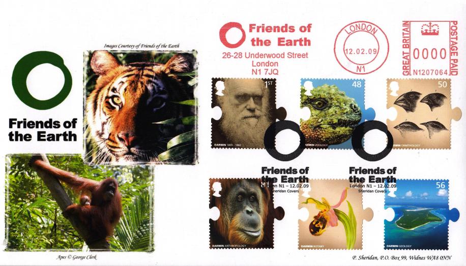 2009 (02) Charles Darwin (Stamps) - Sheridan Official + Friends Of The Earth Meter Mark