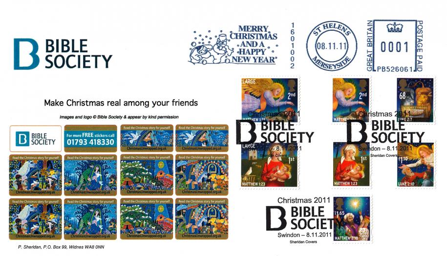 2011 (11) Christmas (Stamps) - Sheridan 'Bible Society' Official + Merry Christmas And A Happy New Year Meter Mark