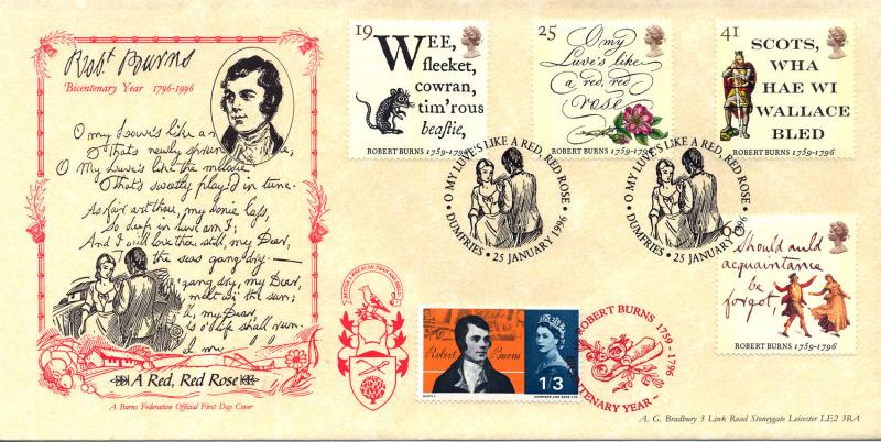 1996 (01) Robert Burns - Bradbury 'Red, Red Rose' Official - WITH a 1966 Burns Stamp