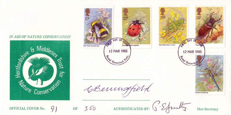 1985 (03) Insects - Herts & Middlesex Trust for Nature Conservation Cover - Hemel Hempstead FDI - Signed by the Stamp Designer