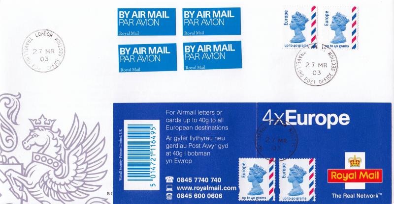 2003 (03) Europe & Worldwide Airmail Universal Rate NVI Self Adhesives - RM - Travelling Post Office, London Section CDS