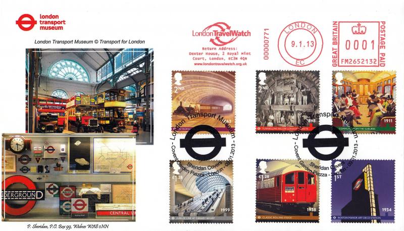 2013 (01) London Transport (Stamps) - Sheridan 'London Transport Museum' Official + London Travel Watch Meter Mark