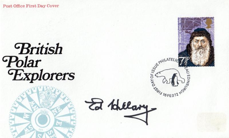 1972 (02) Polar Explorers - PO - (7½p) - Edinburgh Bureau H/S - Signed by the late Edmund Hillary