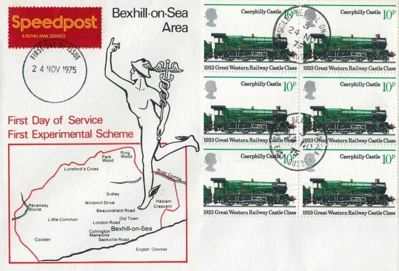 1975 (11) Speedpost Service - BOTH Brighton & Bexhill Covers - Blocks of Six