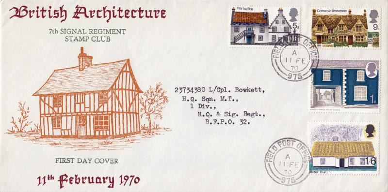 1970 (02) Cottages - 7th Signal Stamp Club Cover - Field Post Office 975 CDS