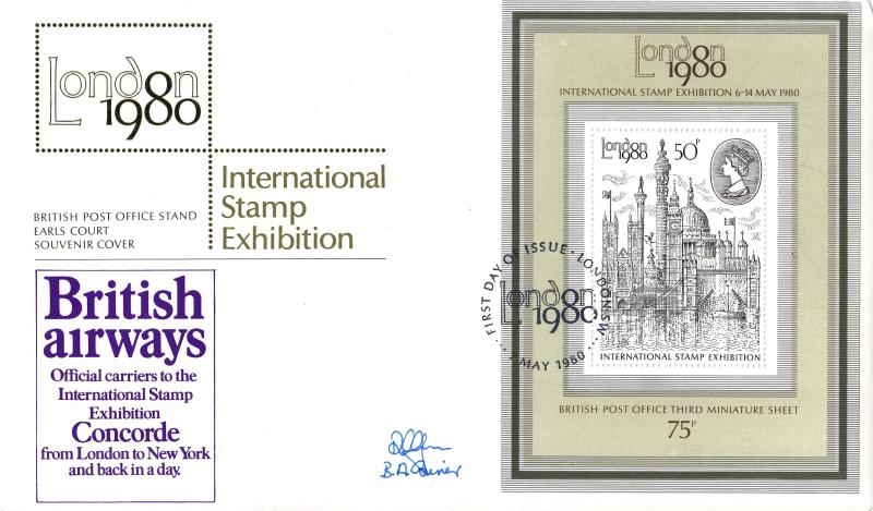 1980 (05) London 50p Miniature Sheet  - London 1980 Earls Court Souvenir Cover - WITH the British Airways Overprint and then ALSO signed by the British Airways Courier Richard Glover